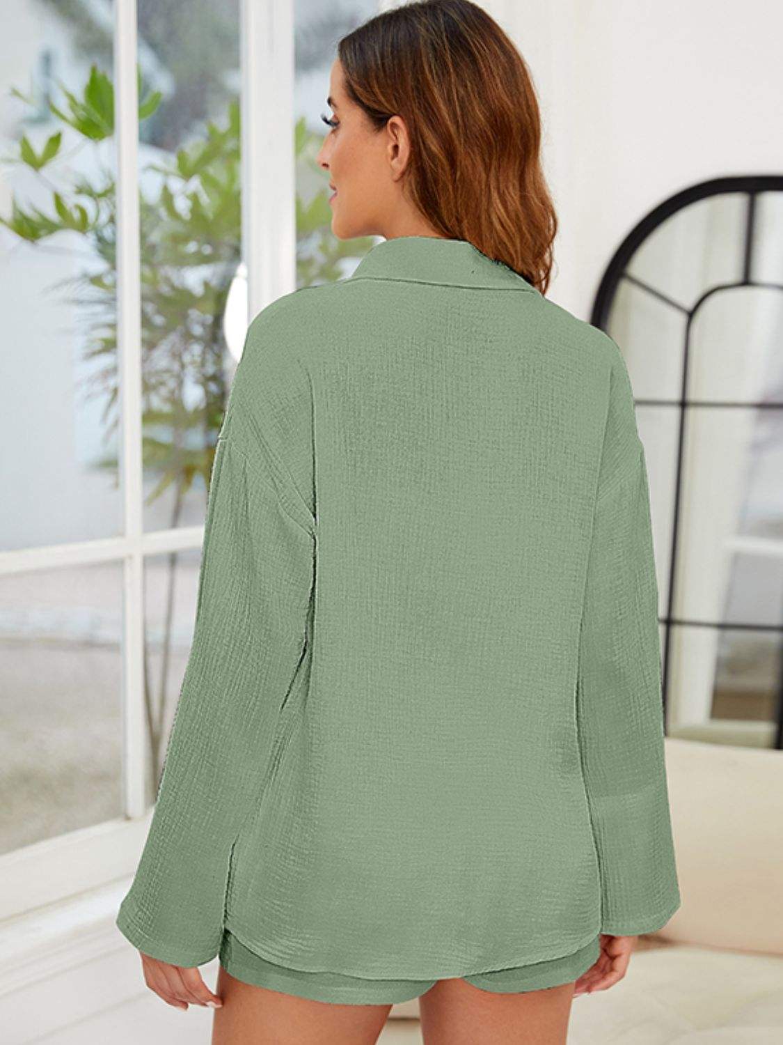 Button Up Long Sleeve Top and Shorts Set - Trendsi - Flyclothing LLC