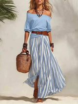 Off Shoulder Top and Striped Maxi Skirt Set - Trendsi - Flyclothing LLC