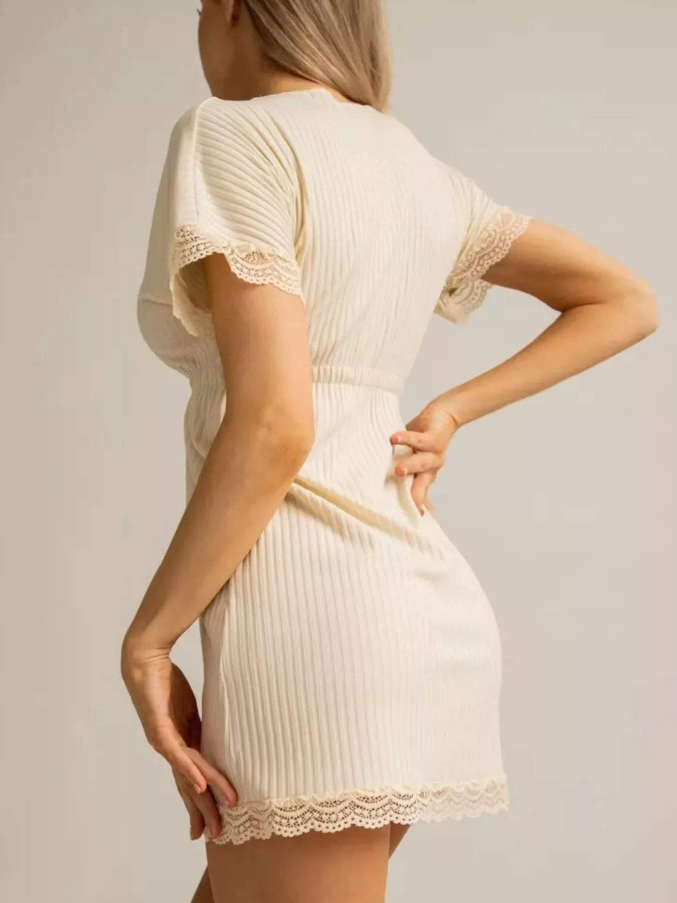Full Size Ribbed Lace-Trim V-Neck Mini Dress Plus Size - Trendsi - Flyclothing LLC