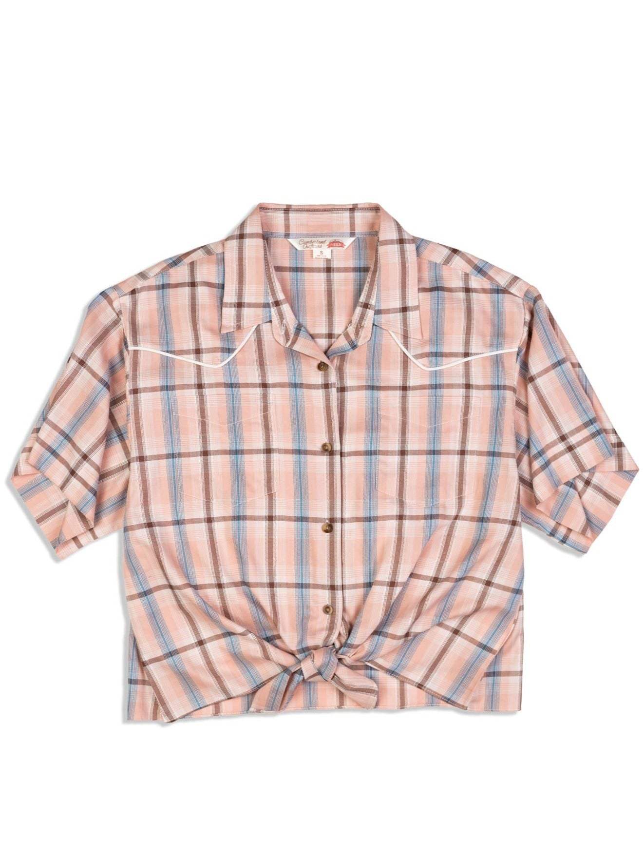 Women's Ely Cattleman Peach Plaid Tie-Front Short Sleeve Shirt - Ely Cattleman - Flyclothing LLC