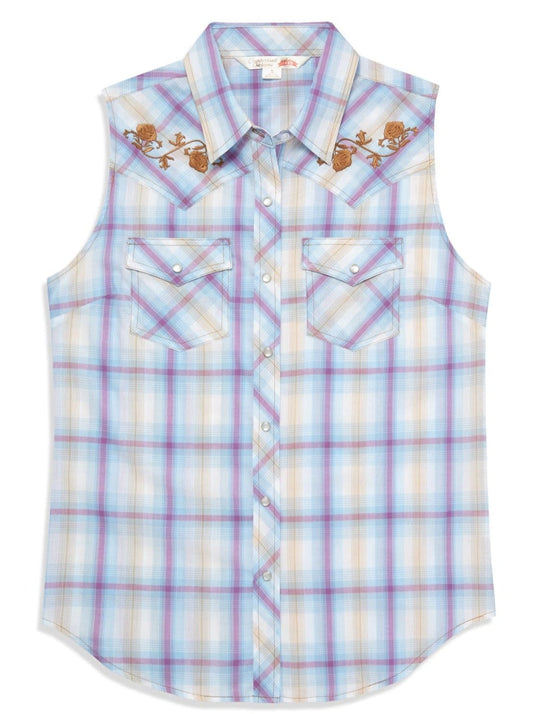 Women's Ely Cattleman Plaid with Floral Embroidery Sleeveless Shirt