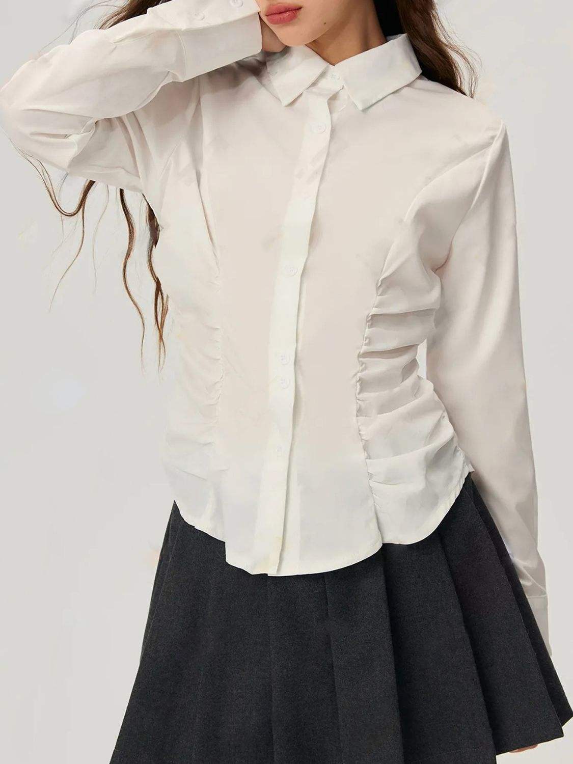 Ruched Button Down Long Sleeve Shirt - Trendsi - Flyclothing LLC