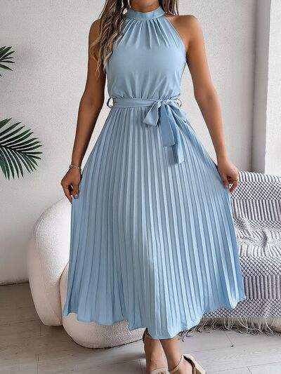 Grecian Neck Tie Waist Pleated Dress - Trendsi - Flyclothing LLC