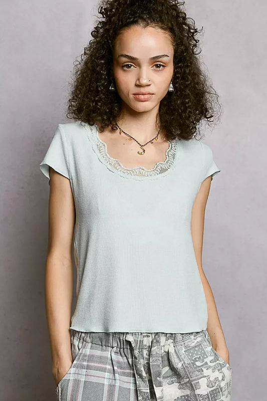 POL Round Neck Short Sleeve Crop T-Shirt with Lace Trim - Trendsi - Flyclothing LLC