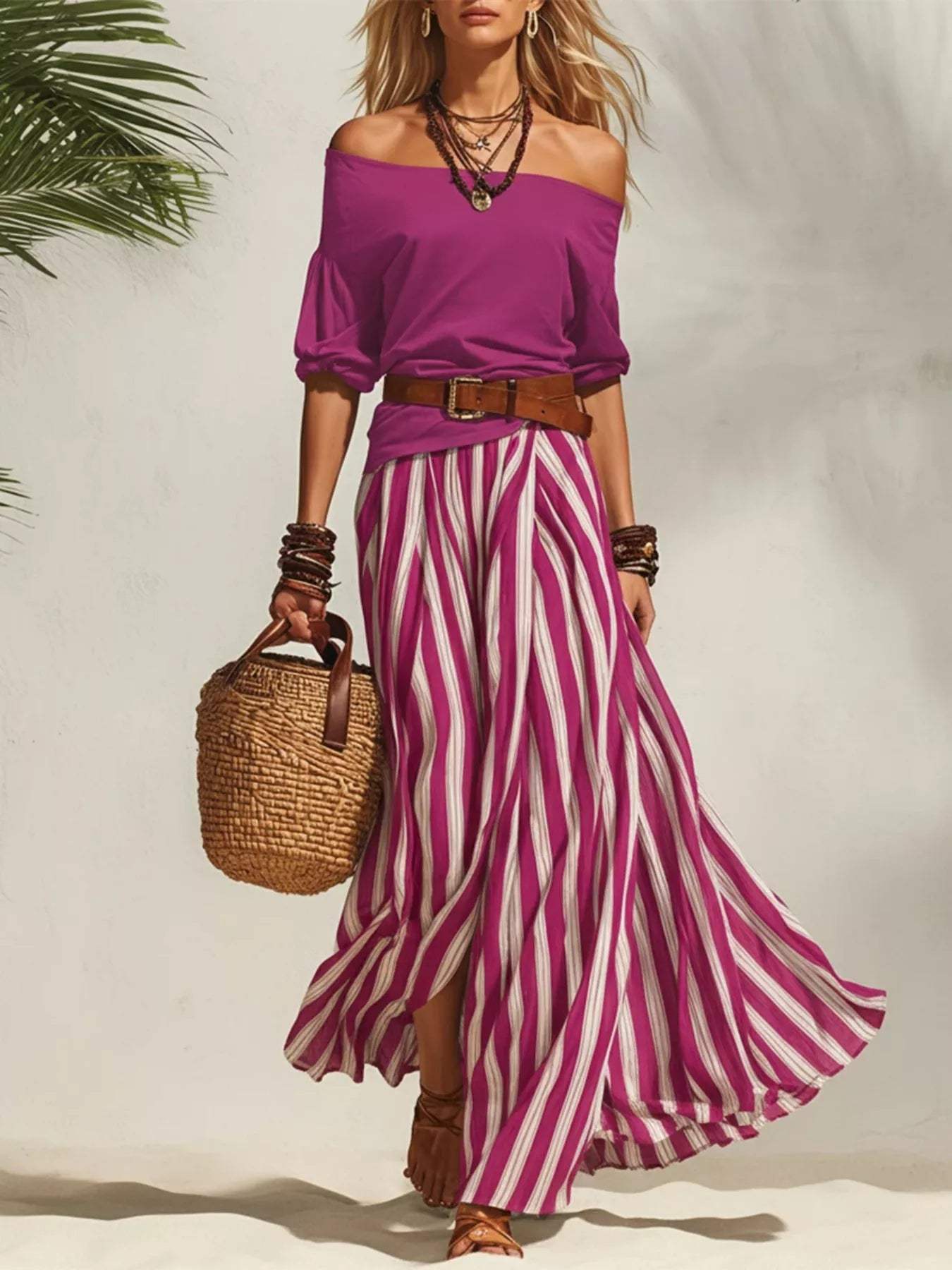 Off Shoulder Top and Striped Maxi Skirt Set - Trendsi - Flyclothing LLC