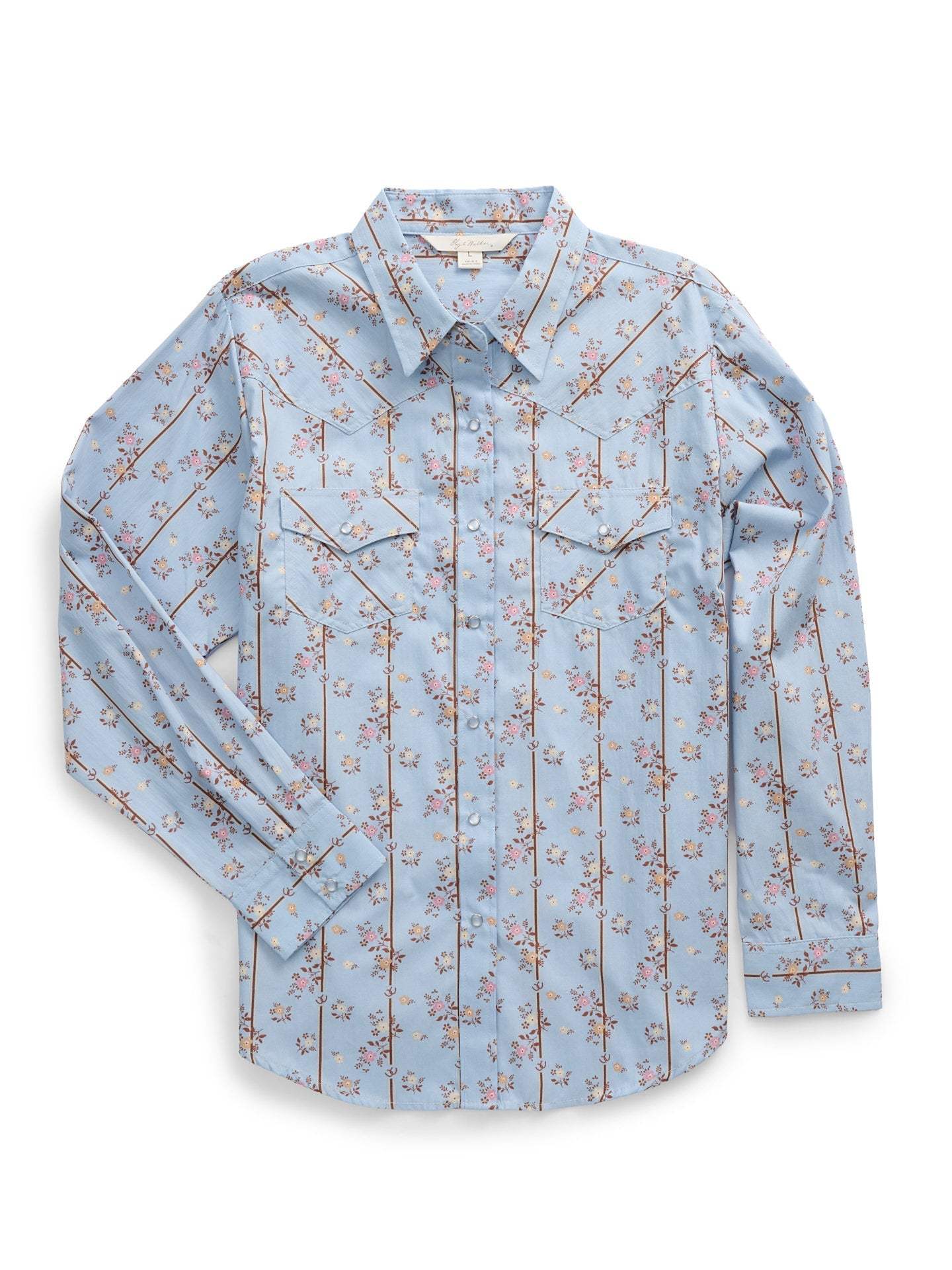 Women's Ely Walker Stone Blue Horseshoe Floral Print Long Sleeve Shirt - Ely Cattleman - Flyclothing LLC
