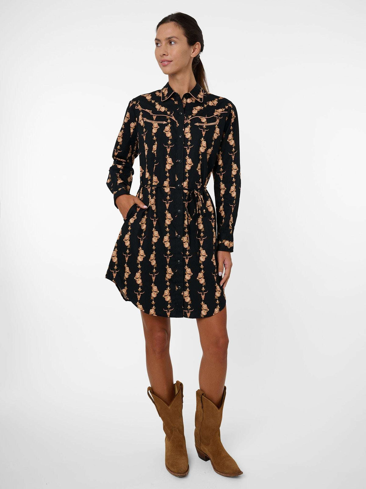 Women's Ely & Walker Black Cotton Rose Print Shirt Dress - Ely Cattleman - Flyclothing LLC