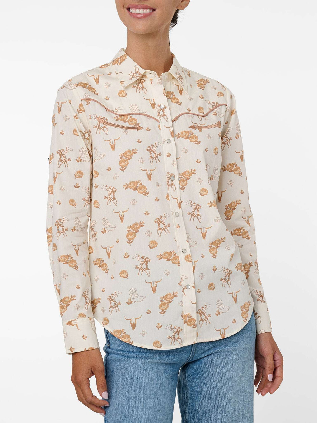 Women's Ely Walker Ecru Conversational Western Motif Print Western Snap Shirt - Ely Cattleman - Flyclothing LLC