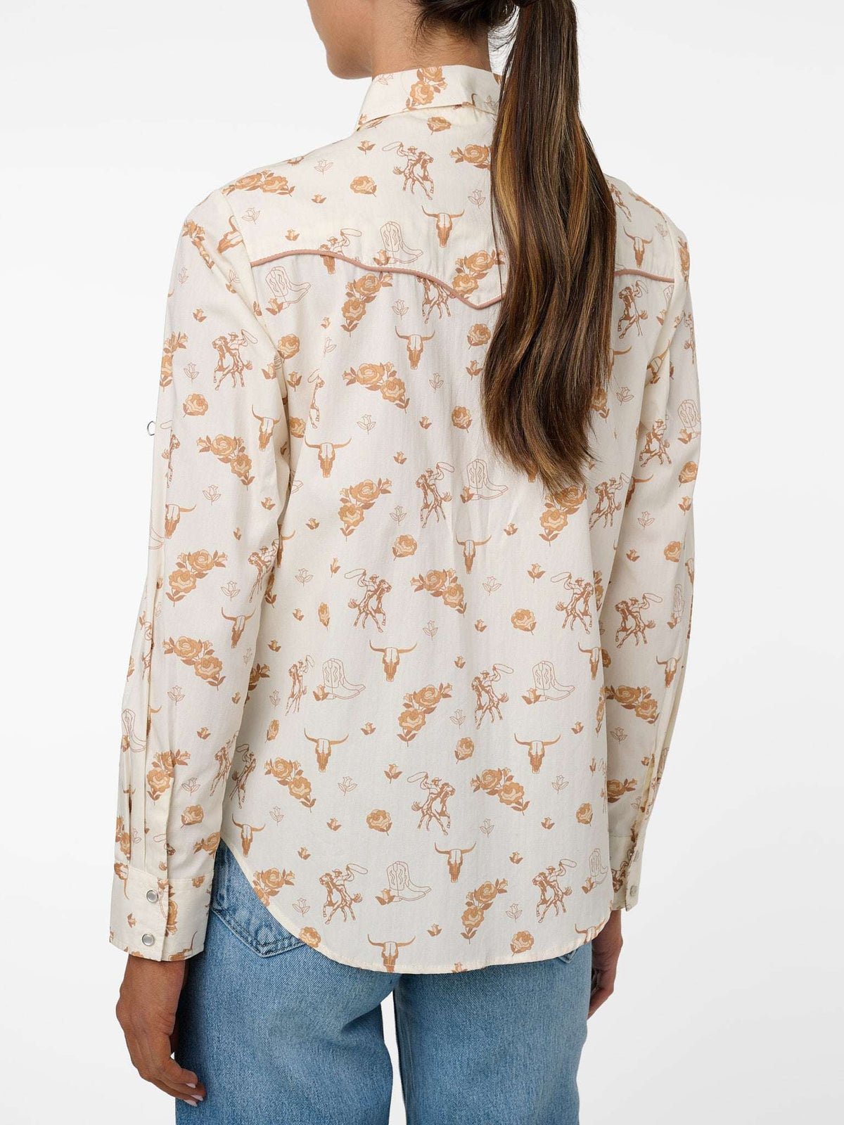 Women's Ely Walker Ecru Conversational Western Motif Print Western Snap Shirt - Ely Cattleman - Flyclothing LLC
