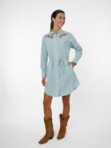 Women's Ely & Walker Dusty Aqua with Caramel Rose Embroidery Shirt Dress - Ely Cattleman - Flyclothing LLC