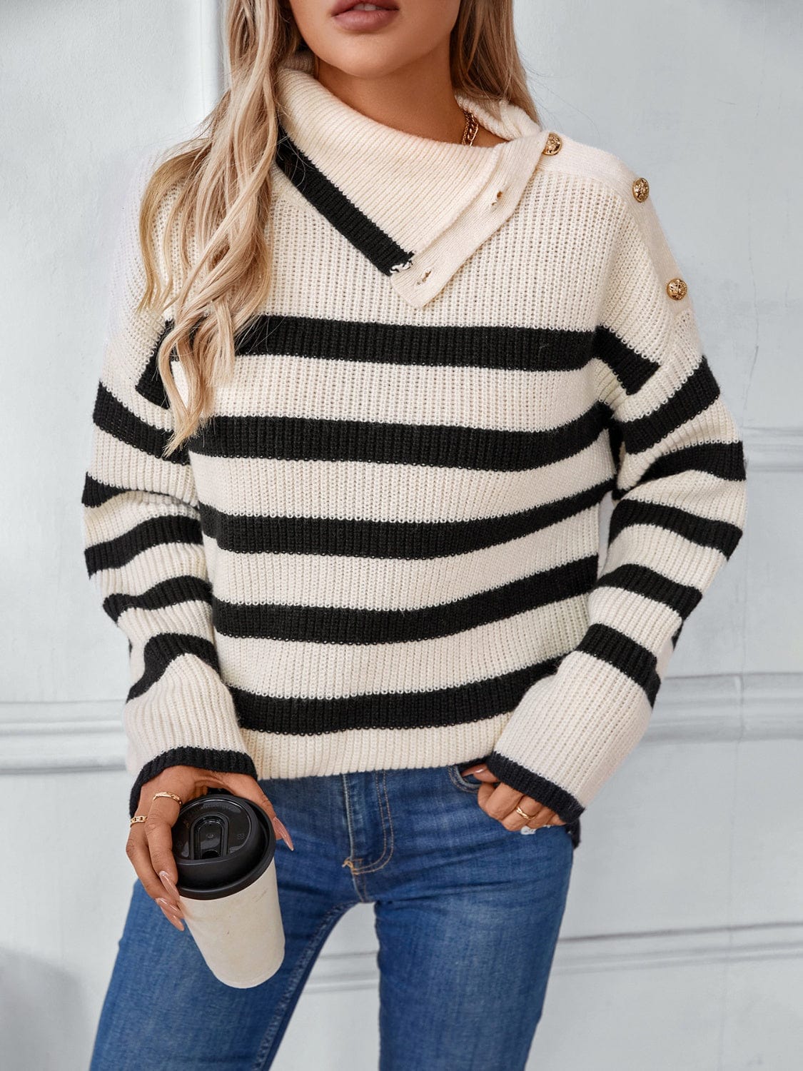 Buttoned Striped Long Sleeve Sweater - Trendsi