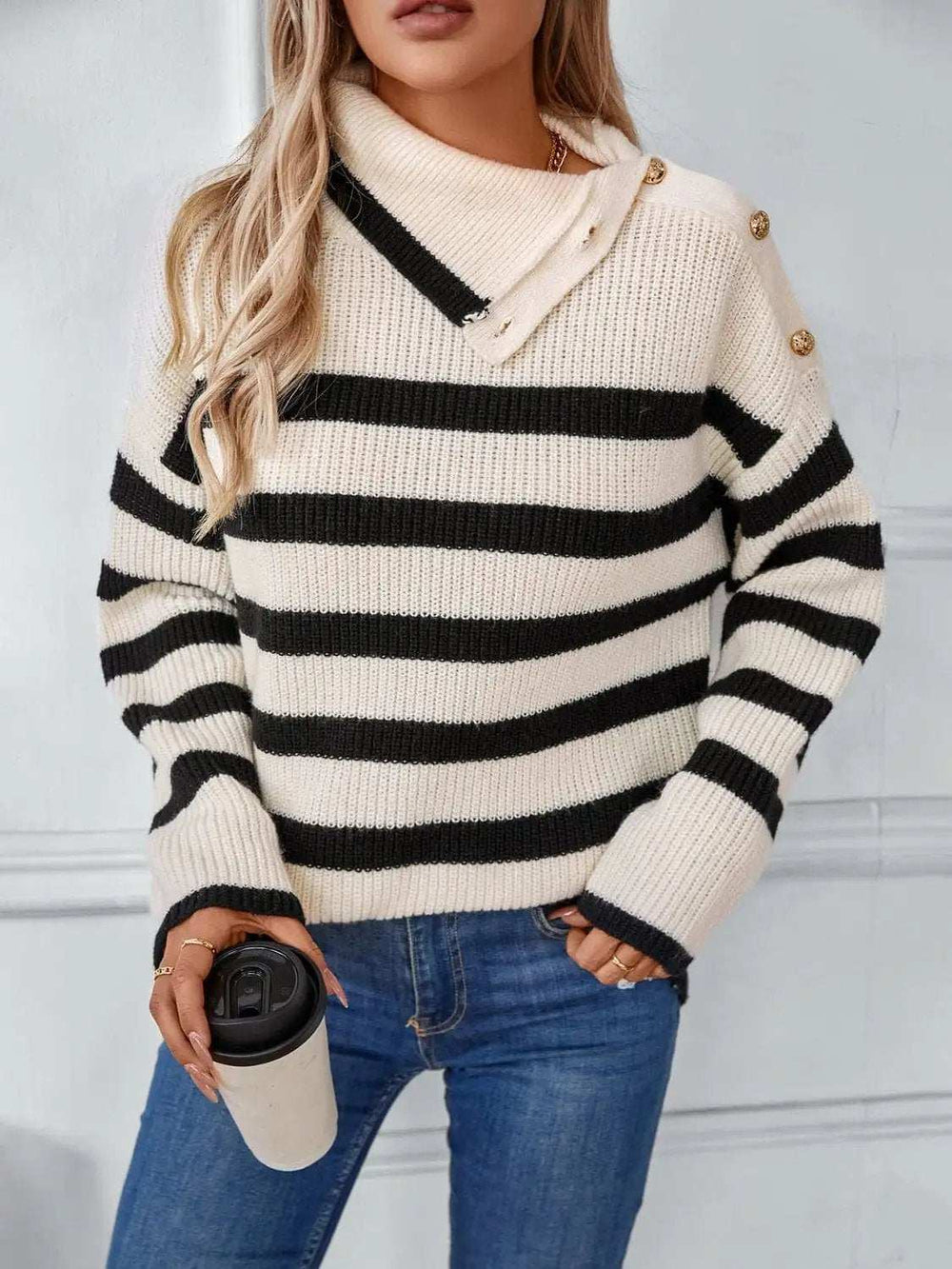 Buttoned Striped Long Sleeve Sweater - Trendsi - Flyclothing LLC
