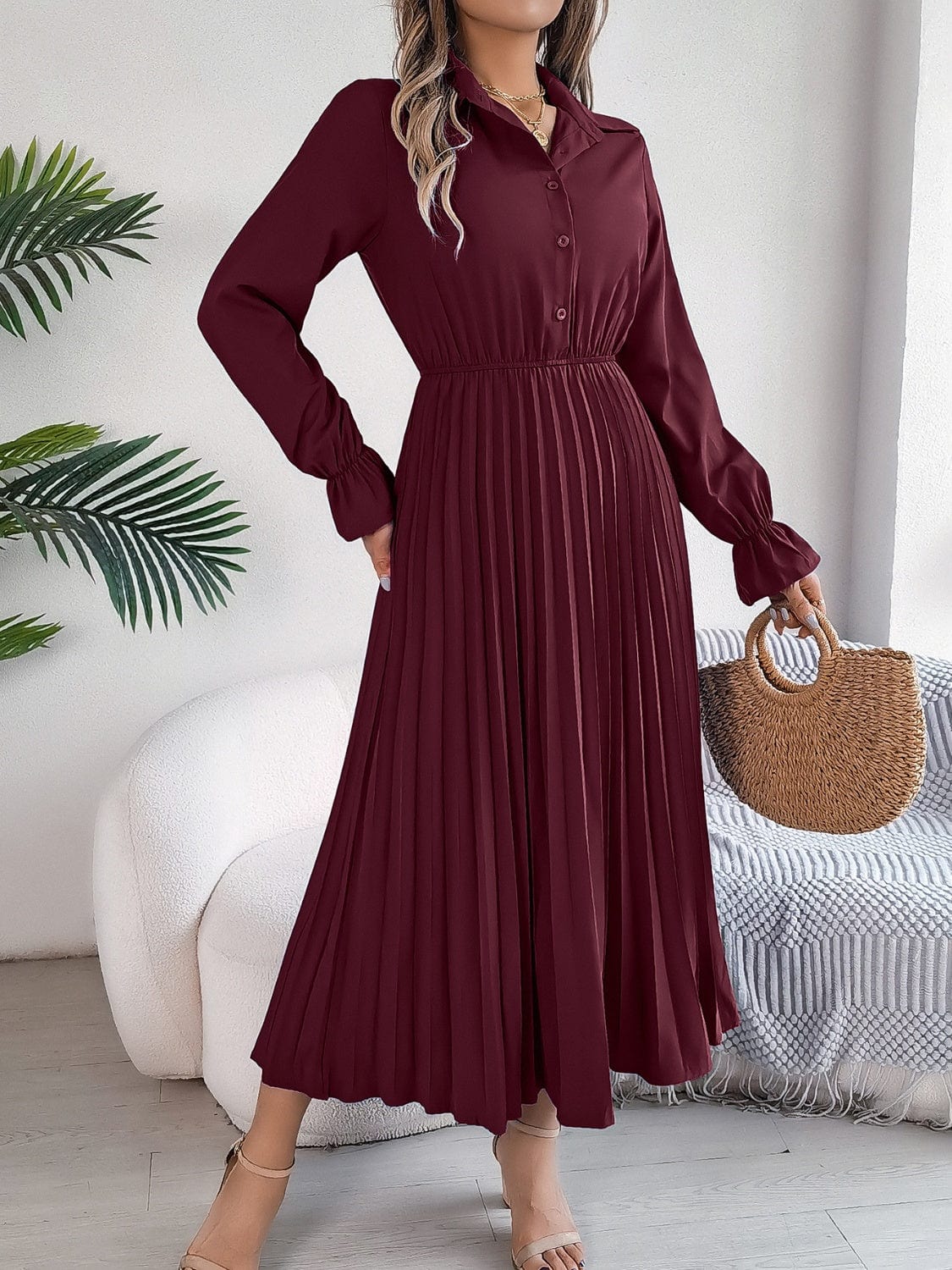 Pleated Half Button Long Sleeve Midi Dress - Trendsi