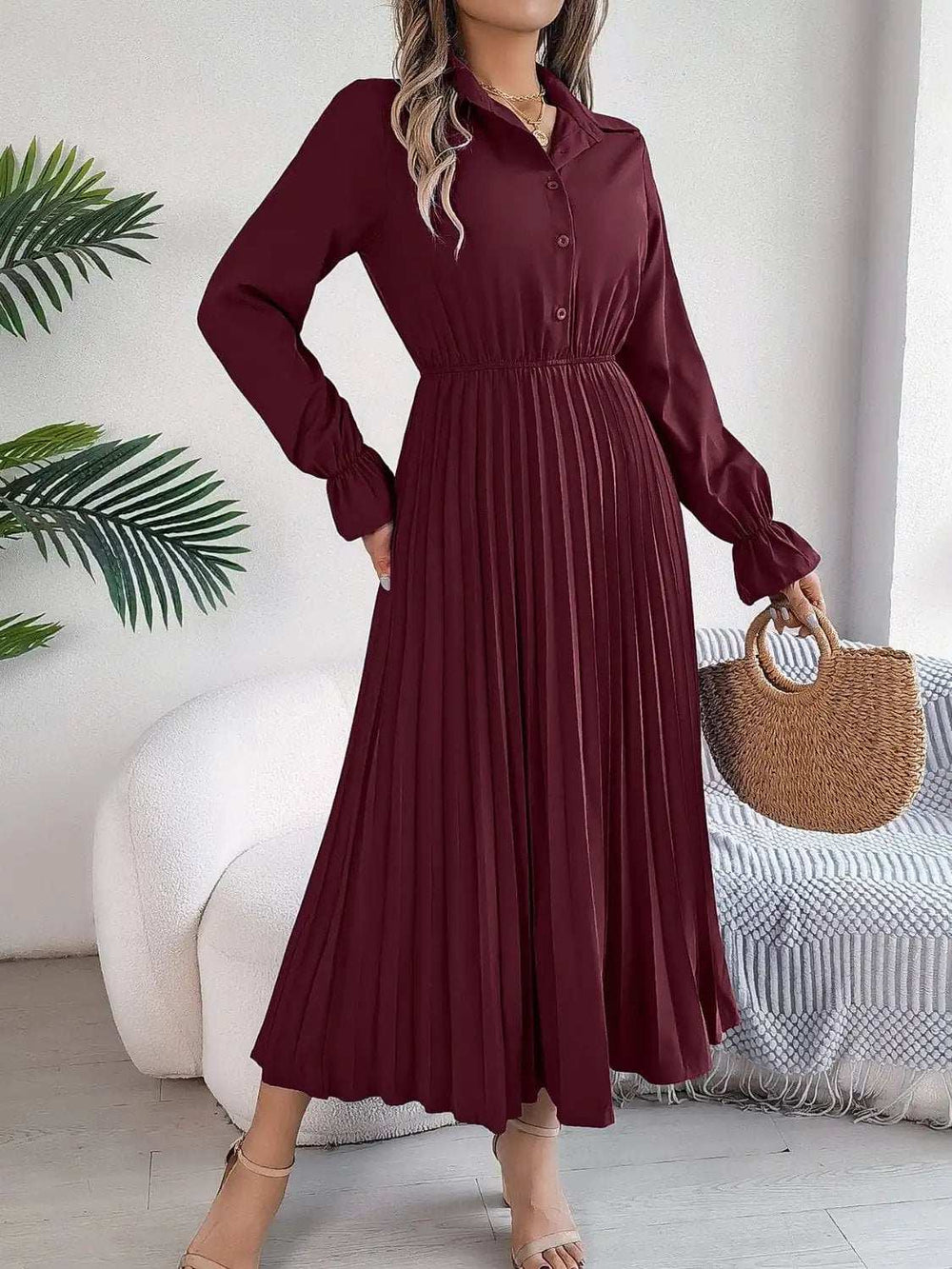 Pleated Half Button Long Sleeve Midi Dress - Trendsi - Flyclothing LLC