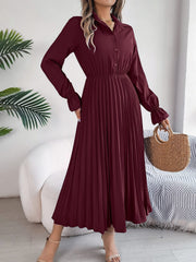 Pleated Half Button Long Sleeve Midi Dress - Trendsi