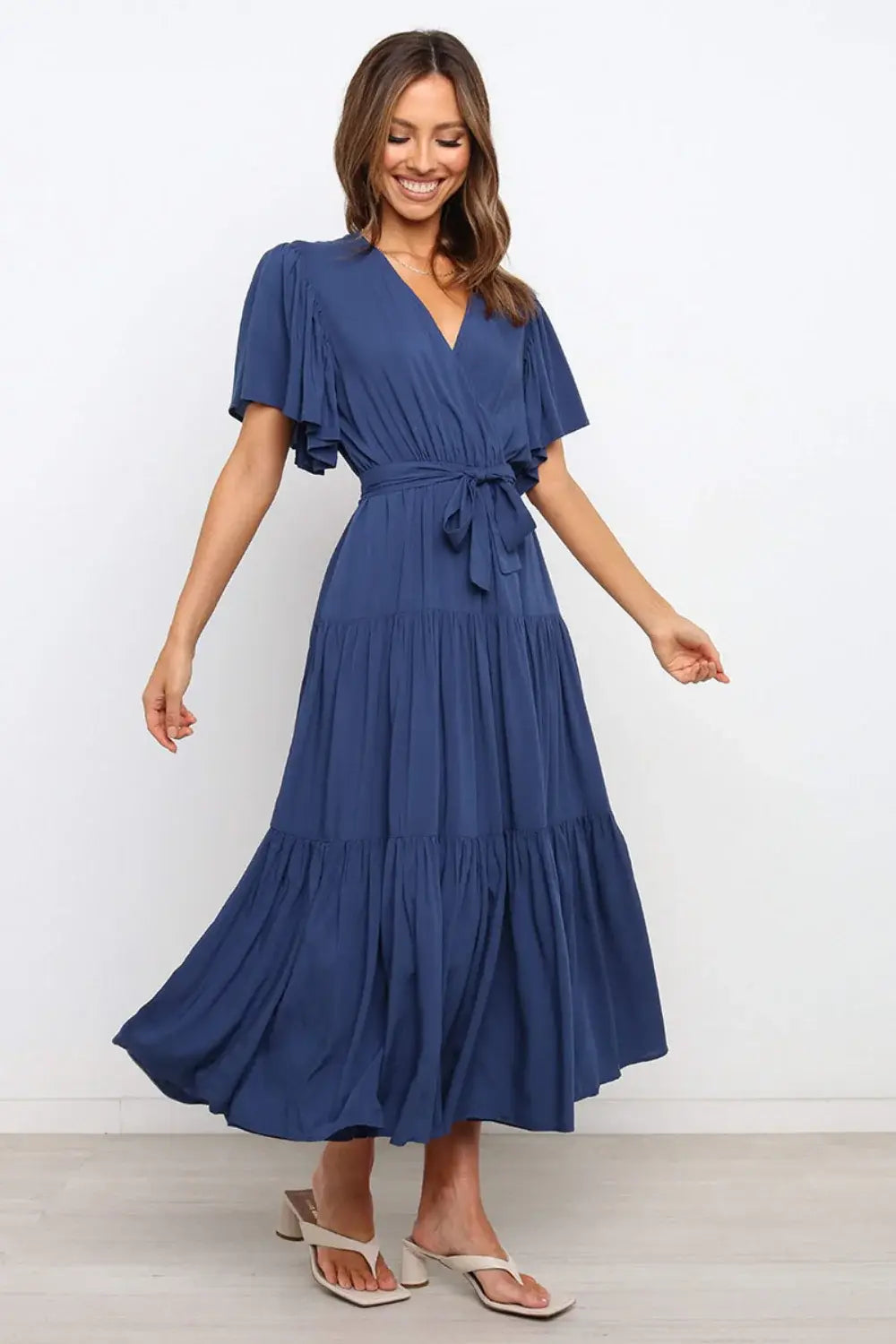 Front Tie Short Sleeve Tiered Midi Dress - Trendsi - Flyclothing LLC