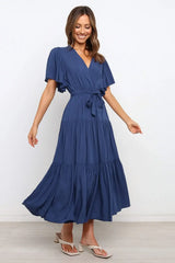 Front Tie Short Sleeve Tiered Midi Dress - Trendsi - Flyclothing LLC