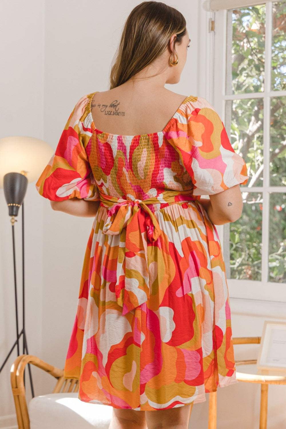 ODDI Full Size Printed Tied Back Short Sleeve Mini Dress - Trendsi - Flyclothing LLC