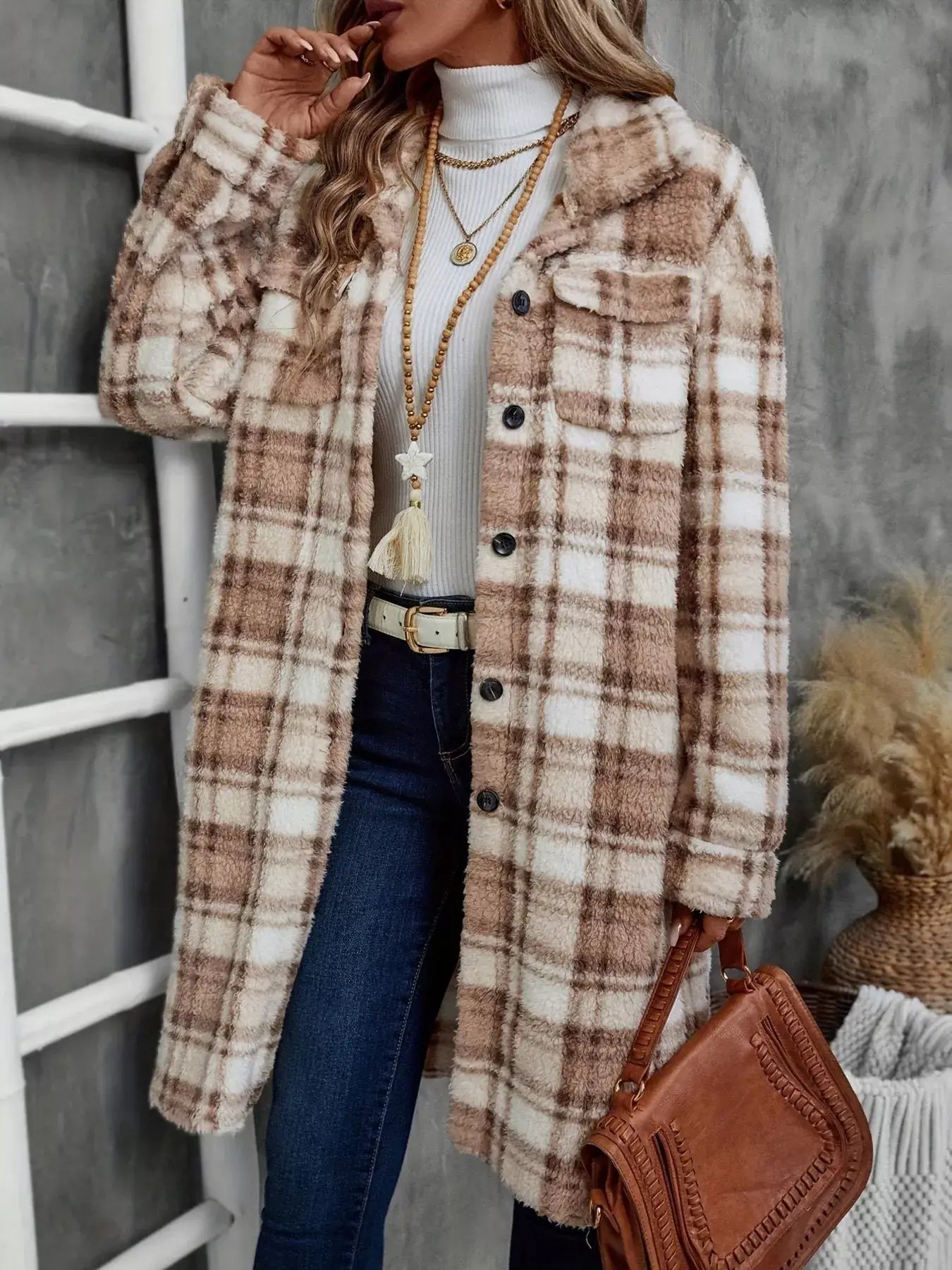 Plaid Fleece Button Up Longline Outerwear - Trendsi - Flyclothing LLC