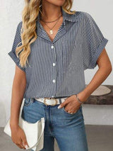 Mandy Pocketed Striped Collared Neck Short Sleeve Shirt - Trendsi - Flyclothing LLC