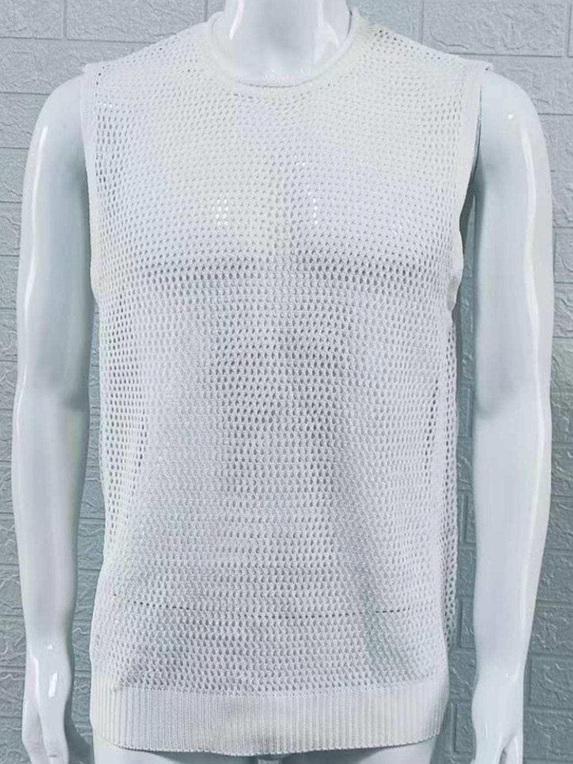 Men's Openwork Round Neck Sleeveless Knit Top - Trendsi - Flyclothing LLC