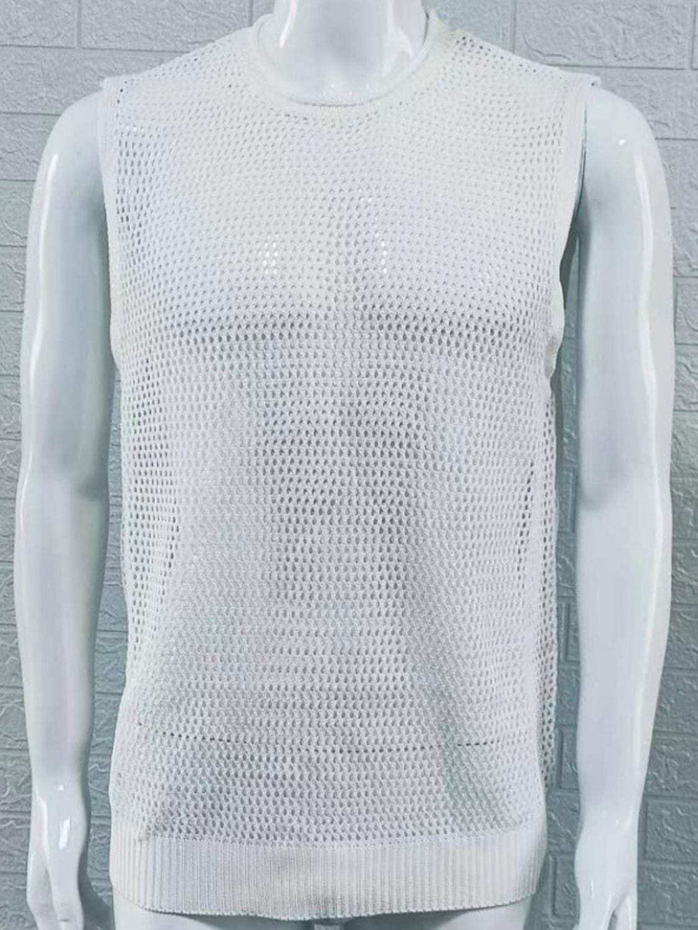 Men's Openwork Round Neck Sleeveless Knit Top - Trendsi - Flyclothing LLC