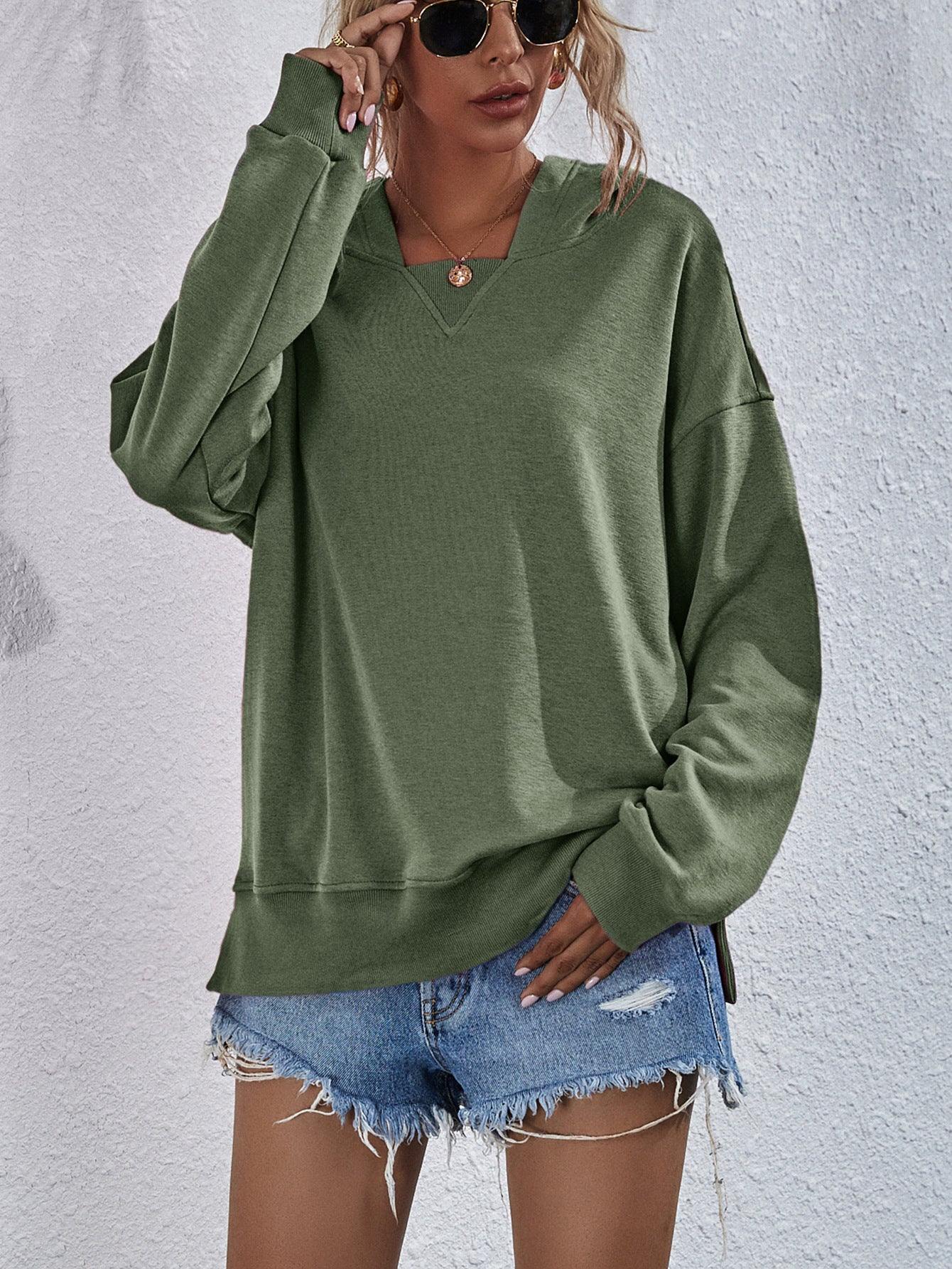 Dropped Shoulder Slit Hoodie - Trendsi