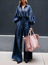 Lantern Sleeve Shirt and Wide Leg Pants Set - Trendsi - Flyclothing LLC