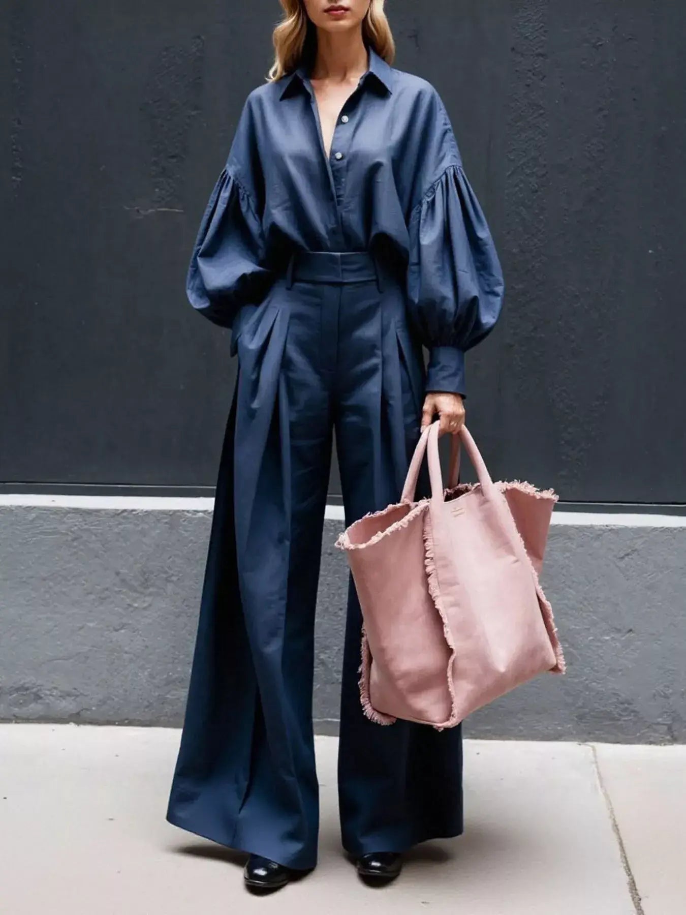Lantern Sleeve Shirt and Wide Leg Pants Set - Trendsi - Flyclothing LLC