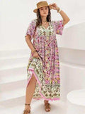 Plus Size Floral Tie Neck Flutter Sleeve Maxi Dress - Trendsi - Flyclothing LLC