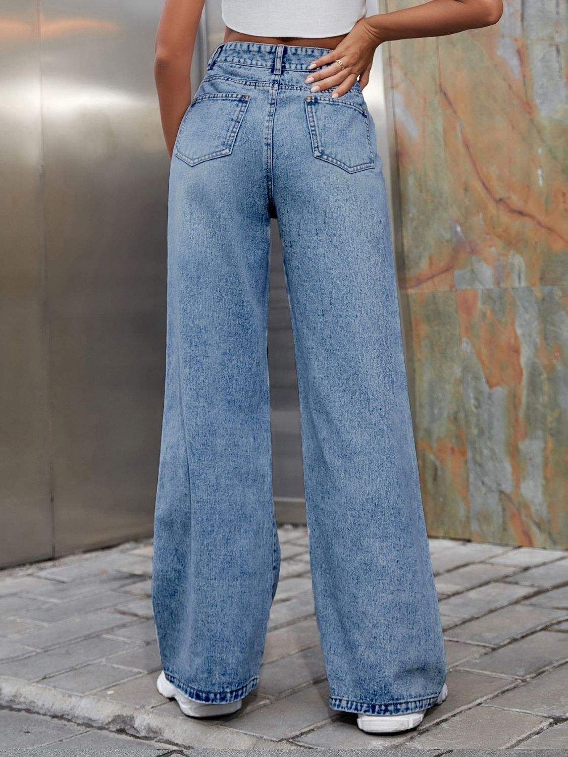 Distressed Wide Leg Jeans with Pockets - Trendsi - Flyclothing LLC