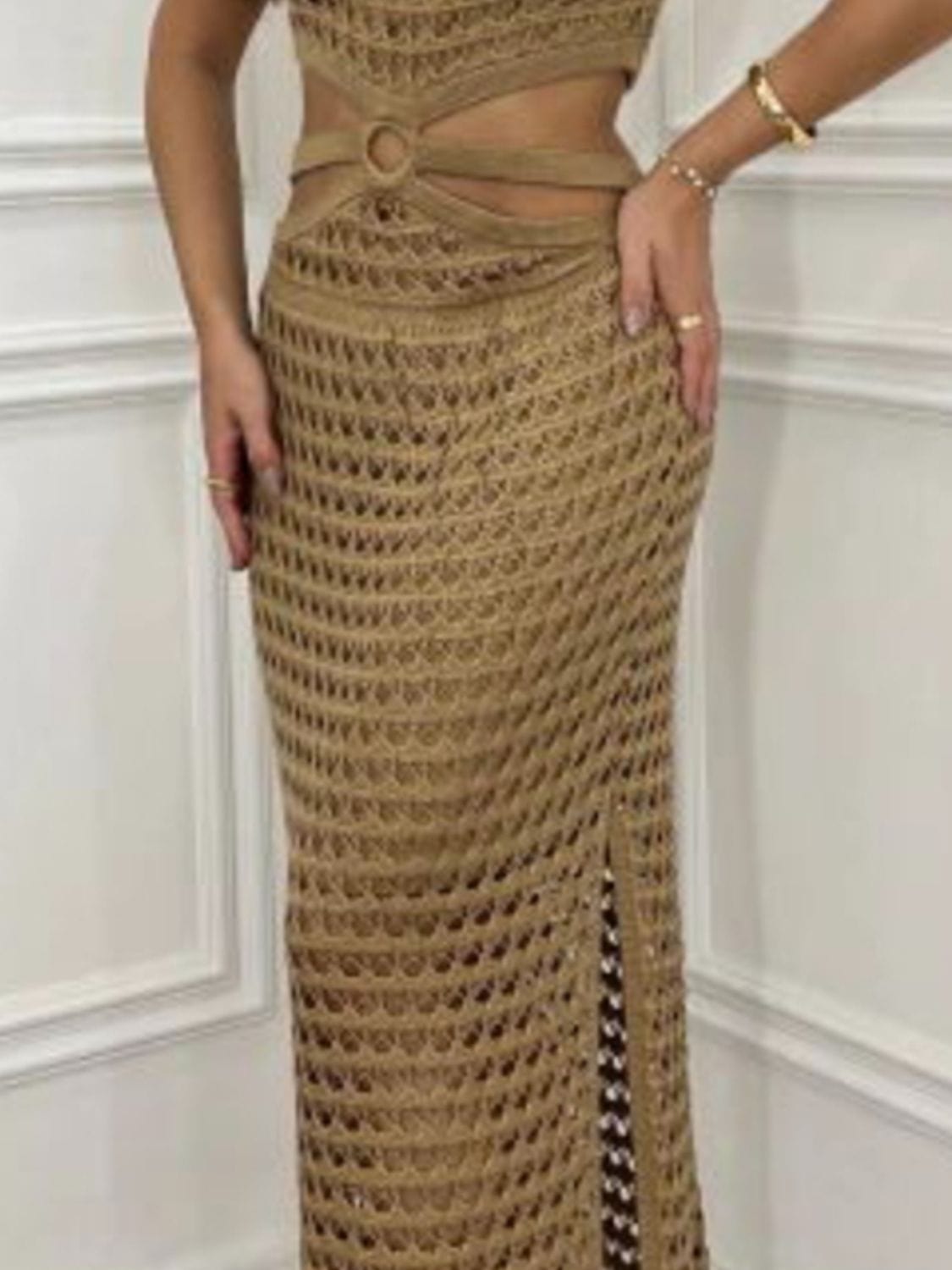 Cutout Slit Round Neck Sweater Dress - Trendsi
