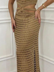 Cutout Slit Round Neck Sweater Dress - Trendsi