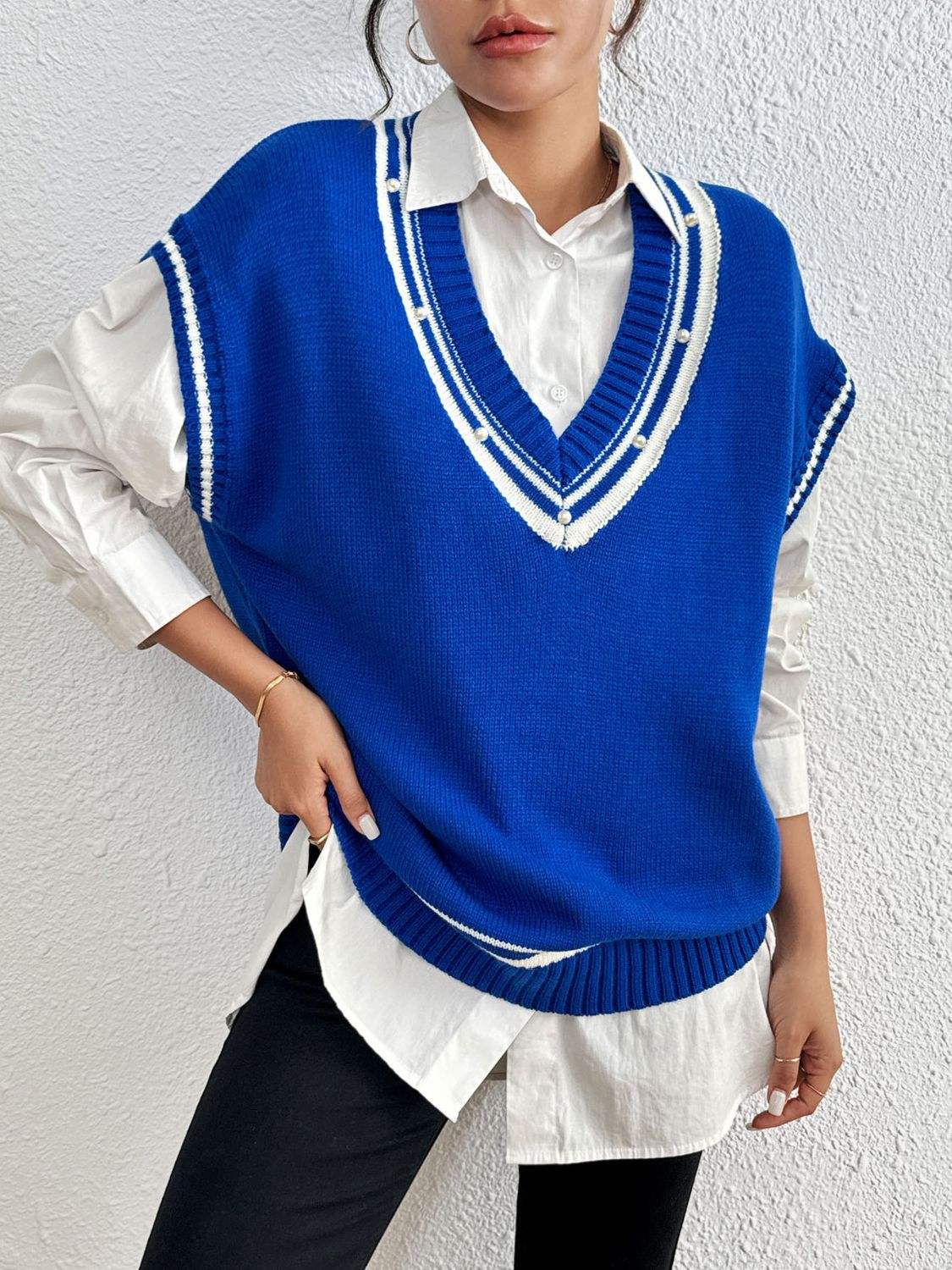 Pearl Trim Contrast V-Neck Sweater Vest - Trendsi - Flyclothing LLC