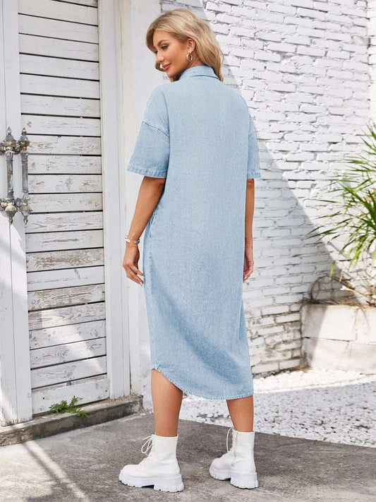 Button Up Dropped Shoulder Denim Dress - Trendsi - Flyclothing LLC