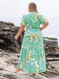 Plus Size Printed Notched Short Sleeve Maxi Dress - Trendsi