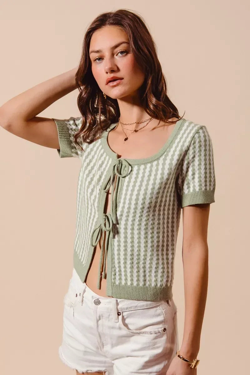 SO ME Tie Front Textured Vertical Stripe Knit Cardigan - Trendsi - Flyclothing LLC