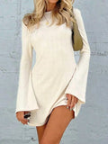 Backless Round Neck Long Sleeve Mini Dress - Trendsi