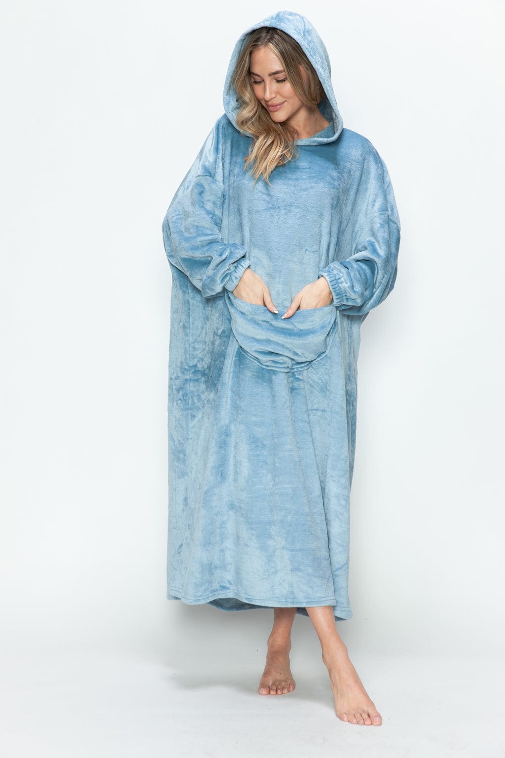 Double Take Full Size Pocketed Hooded Midi Lounge Dress - Trendsi