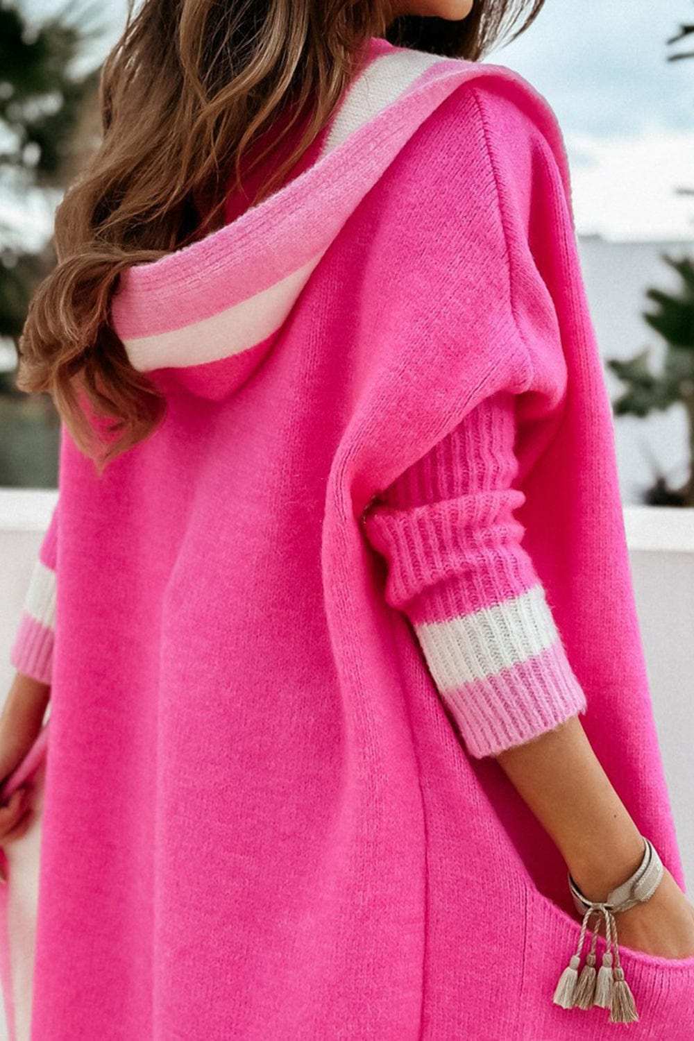 Pocketed Contrast Long Sleeve Hooded Cardigan - Trendsi - Flyclothing LLC