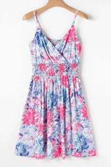Floral Spaghetti Strap Surplice Neck Shirred Waist Mini Dress - Trendsi - Flyclothing LLC