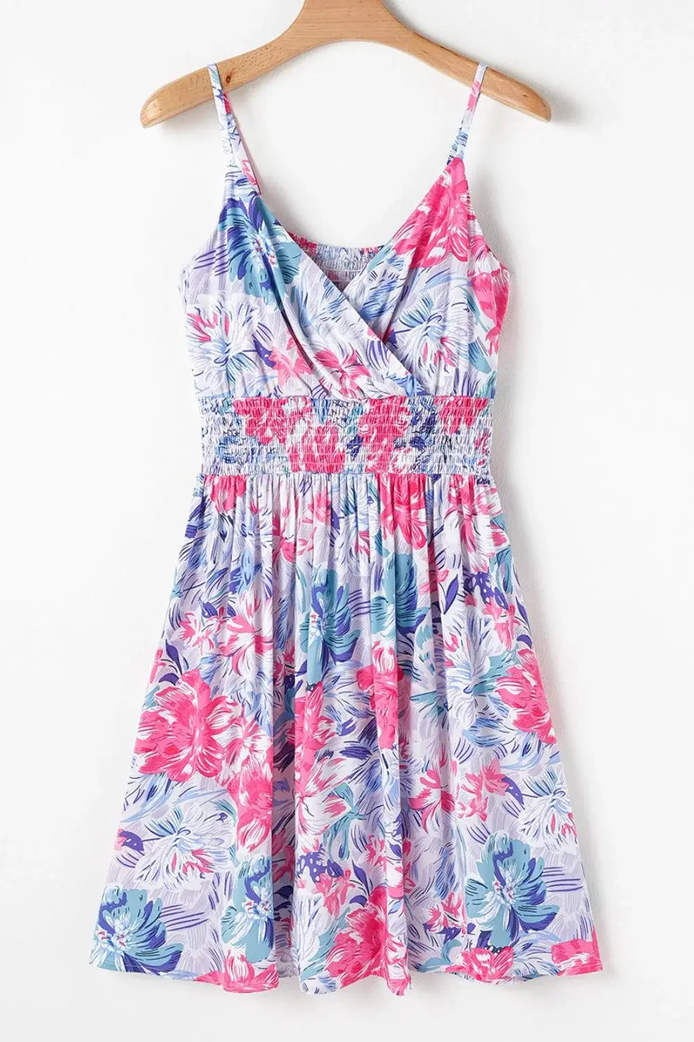Floral Spaghetti Strap Surplice Neck Shirred Waist Mini Dress - Trendsi - Flyclothing LLC