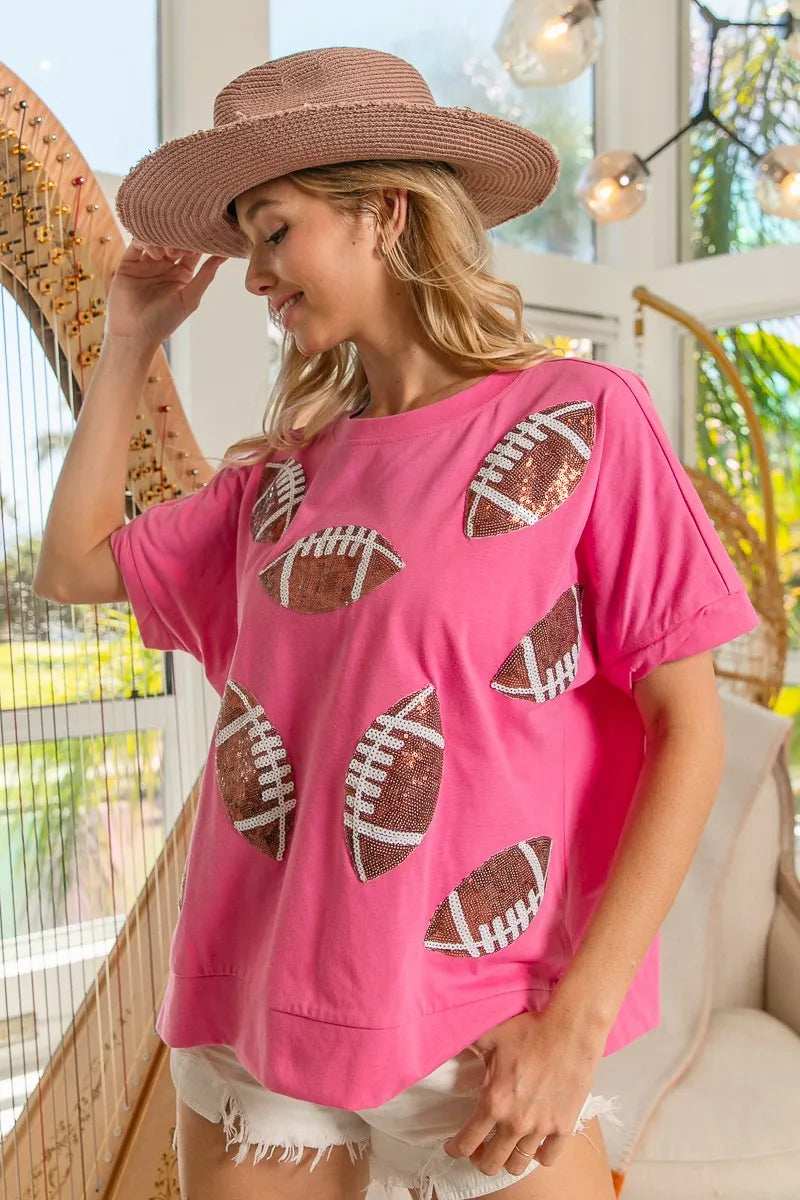 BiBi Game Day Sequins Patched Half Sleeves Top - Trendsi - Flyclothing LLC