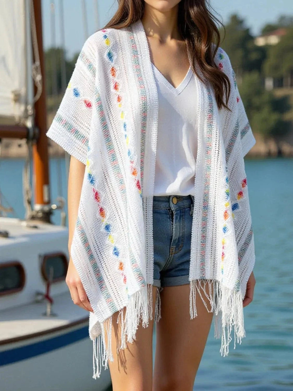 Openwork Fringe Open Front Knit Cape - Trendsi