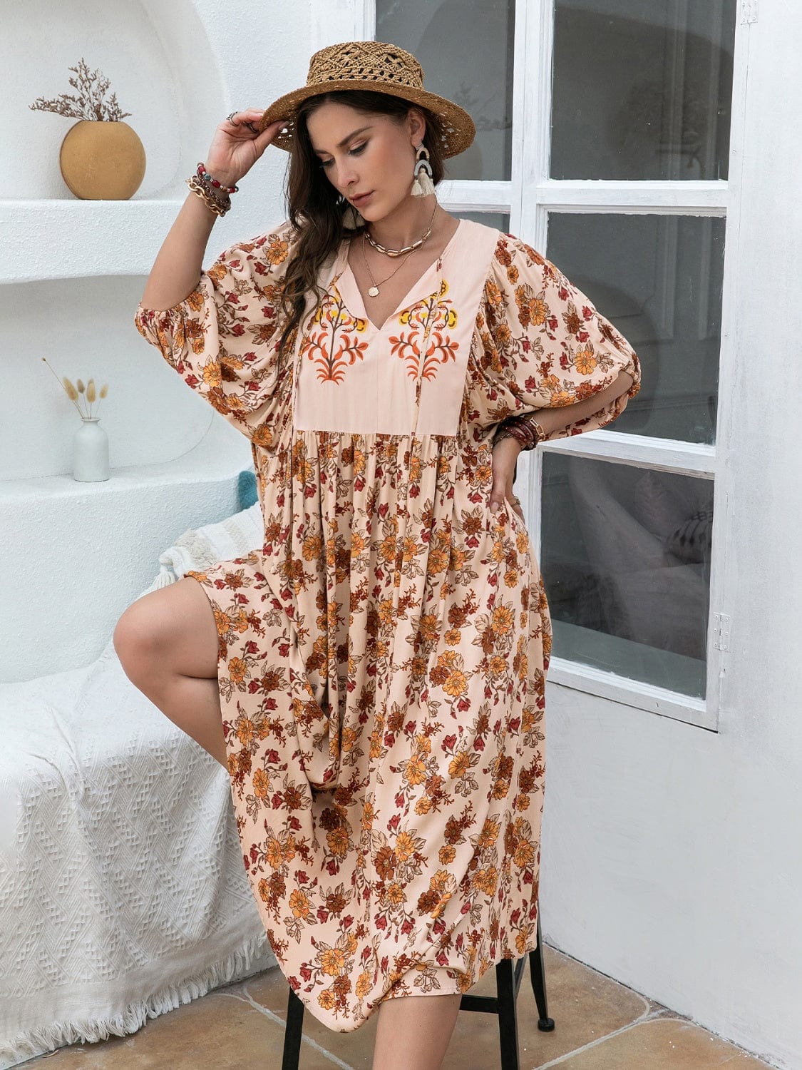 Plus Size Printed Tie Neck Half Sleeve Midi Dress - Trendsi