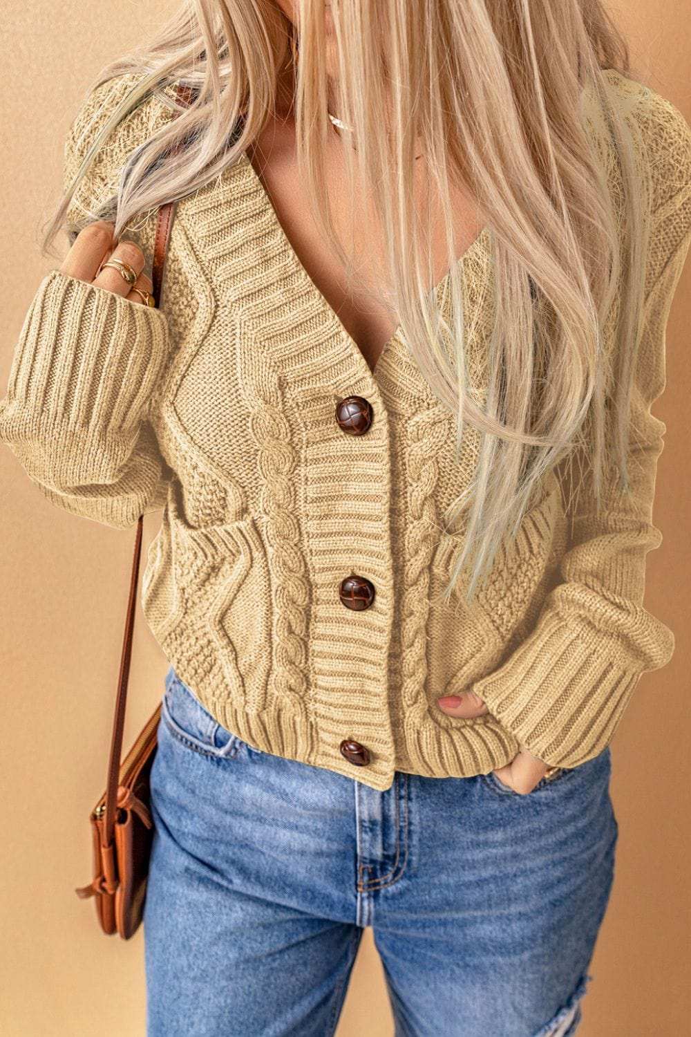 Cable-Knit Button Down V-Neck Cardigan - Trendsi - Flyclothing LLC