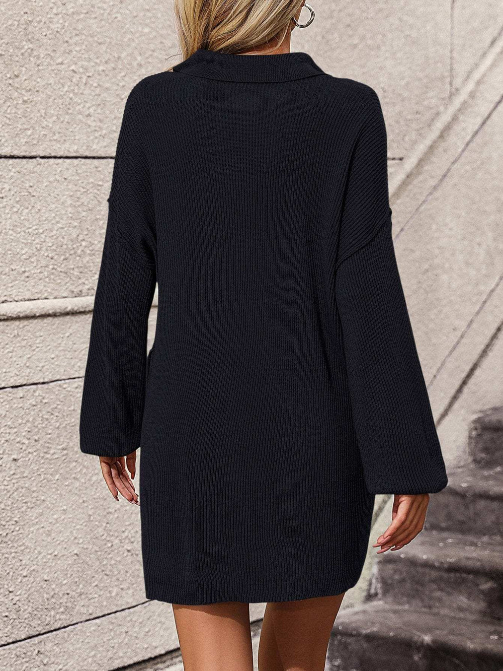 Collared Neck Long Sleeve Sweater Dress with Pockets - Trendsi - Flyclothing LLC