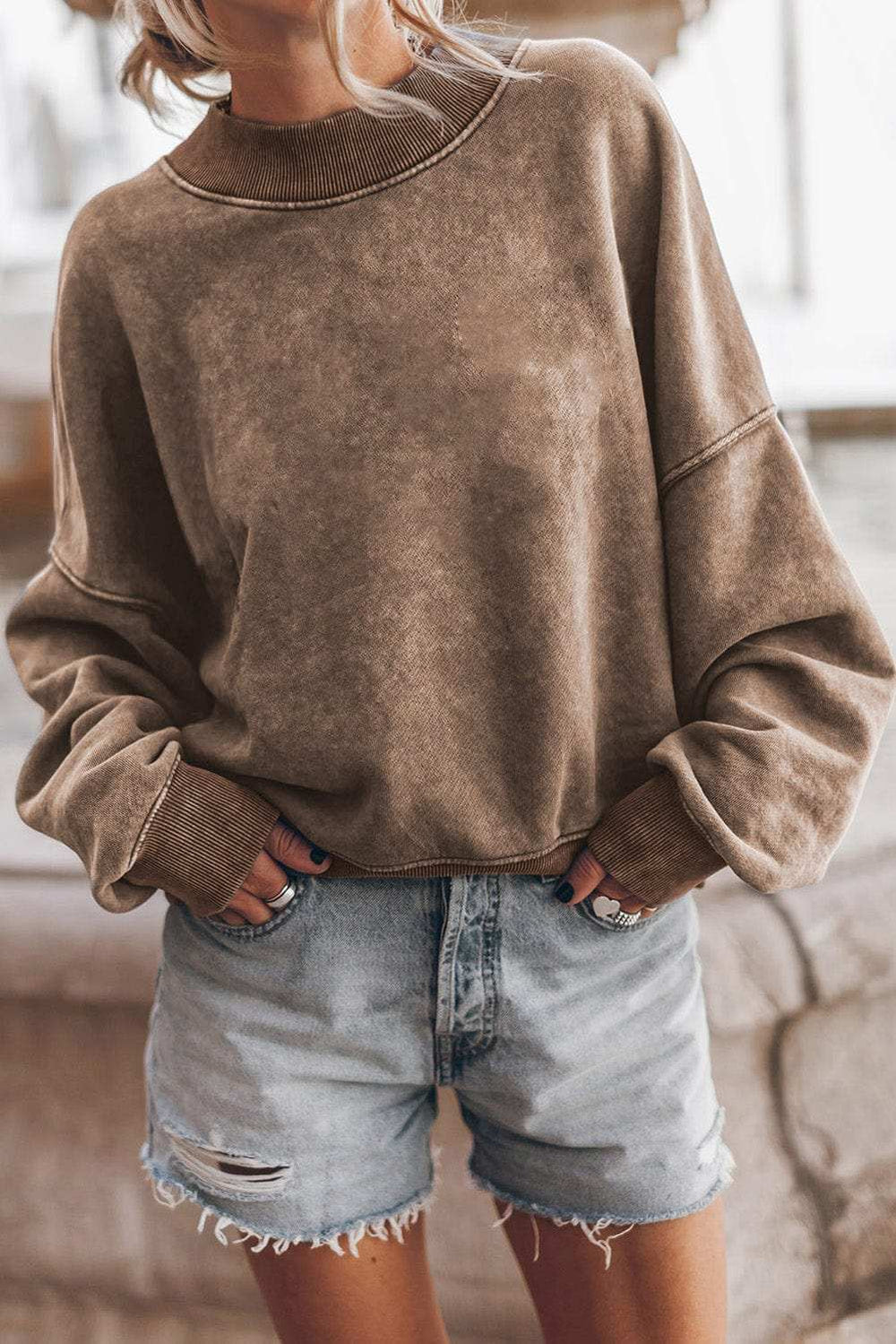 Mock Neck Dropped Shoulder Sweatshirt - Trendsi - Flyclothing LLC