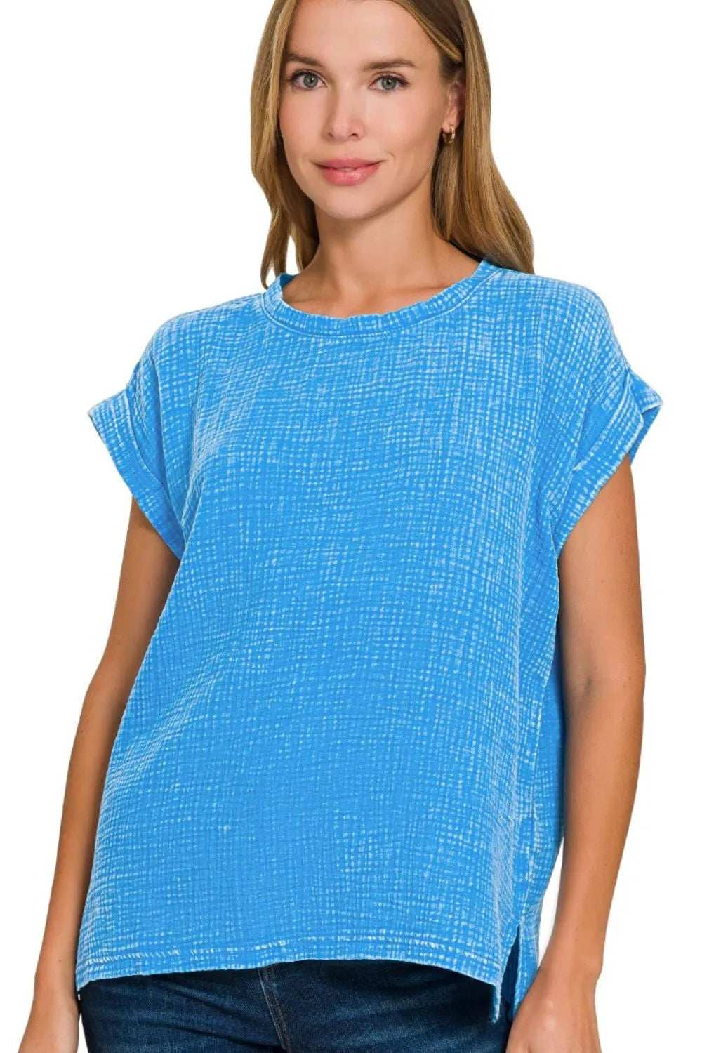 Zenana Woven Double Gauze Acid Washed Short Sleeve Top - Trendsi - Flyclothing LLC