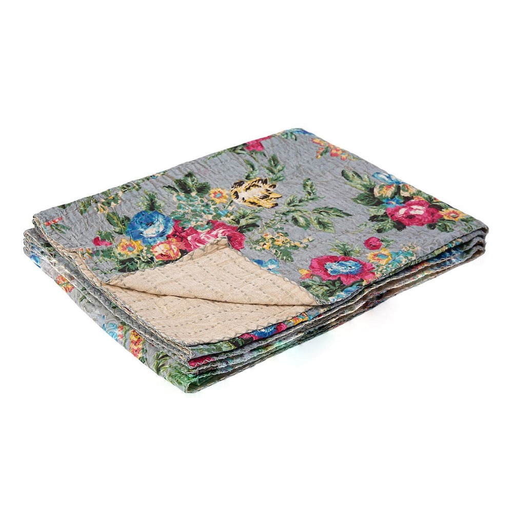 50" X 70" Pink Gray and Blue Kantha Cotton Floral Throw Blanket with Embroidery - Homeroots - Flyclothing LLC